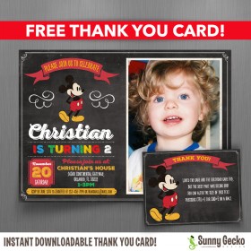 Vintage Chalkboard Style Mickey Mouse 7x5 or 6x4 in. Birthday Party Invitation with FREE editable Thank you Card